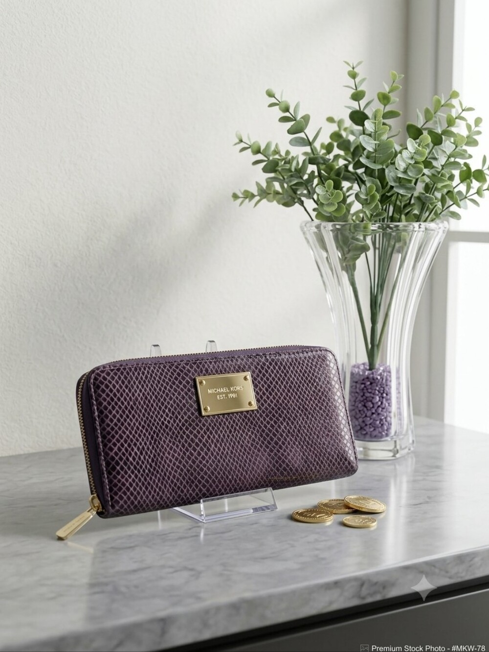 Michael Kors Plum Textured Zip-Around Wallet with Gold Plaque